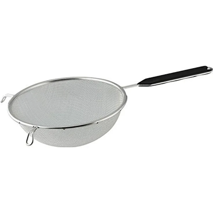 Fackelmann Sieb Ø 20 cm, Küchensieb aus Edelstahl, feinmaschiger Seiher mit Griffeinlage aus Kunststoff (Farbe: Schwarz-Silber), Menge: 1 Stück
