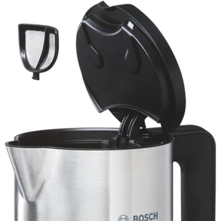 Bosch TWK8613P kabelloser Wasserkocher, Abschaltautomatik, Überhitzungsschutz, Temperaturwahl, Warmhaltefunktion, 1,5 L, 2400 W, Deckelendabschaltung im Betrieb, schwarz – Bild 2