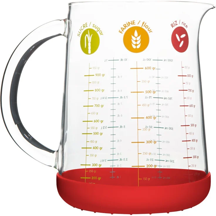 Pebbly PKM-1000R Messbecher, 1 l, aus Glas und Silikon, Mehrfarbig, 11,9 x 11,9 x 15,8 cm