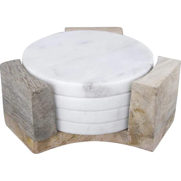 Bloomingville Round Marble Coasters with Mango Wood Holder (Set of 5 Pieces) Untersetzer, weiß
