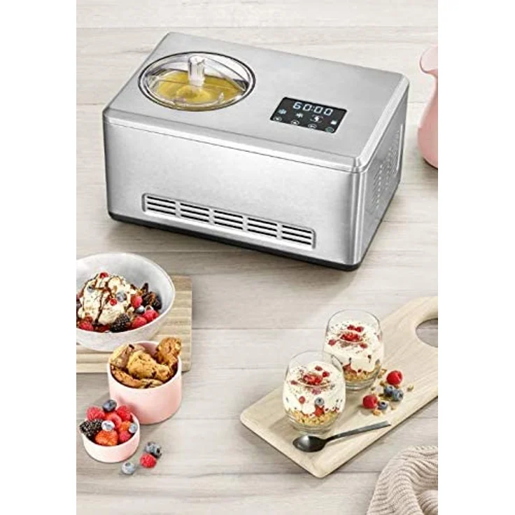 Severin EZ 7406 2-in-1 Eismaschine mit Joghurtfunktion, Eismaschine mit Joghurtfunktion, 180W, inkl. 2 Eisbehälter je 2-Liter,Rezeptbuch, Digitaler Timer, Deckelöffnung, silber – Bild 6