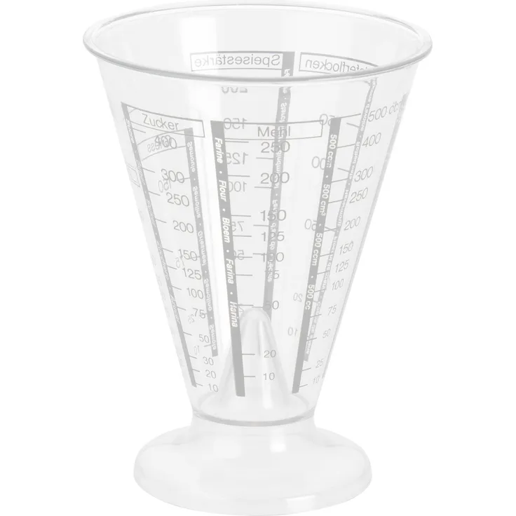 Westmark Messbecher mit Feinmesskegel, mehrsprachigen Messskalen und verschiedenen Maßeinheiten, Füllvolumen: 0,5 Liter, Kunststoff, Trichterförmig, Gerda, Transparent, 30762270