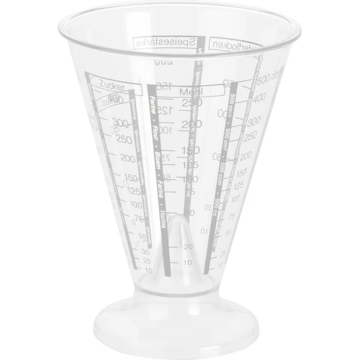 Westmark Messbecher mit Feinmesskegel, mehrsprachigen Messskalen und verschiedenen Maßeinheiten, Füllvolumen: 0,5 Liter, Kunststoff, Trichterförmig, Gerda, Transparent, 30762270