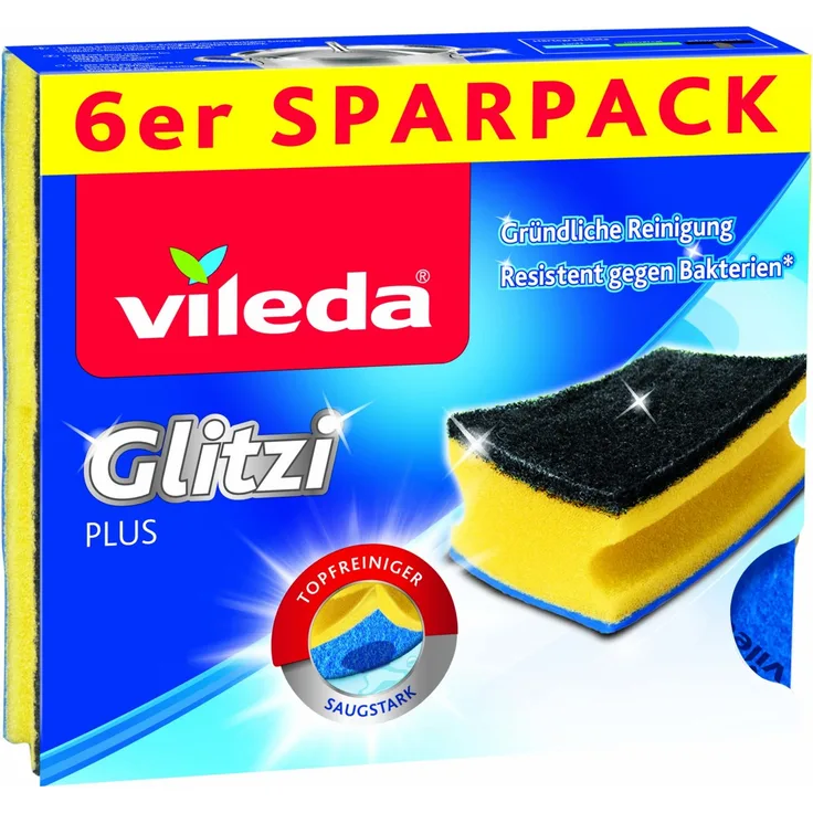 Vileda Glitzi Plus Topfreiniger, mit Antibac-Effekt gegen Bakterien, saugstark, 6er-Pack