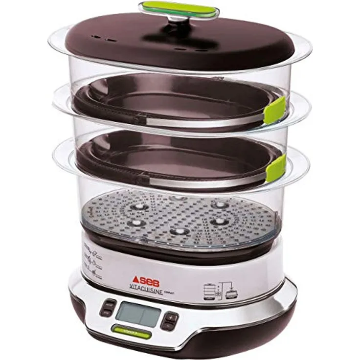 Seb VitaCuisine Compact Dampfgarer, 3 Garbehälter, BPA-frei, 2 Glasplatten, 1800 Watt, 9 Liter, braun silber