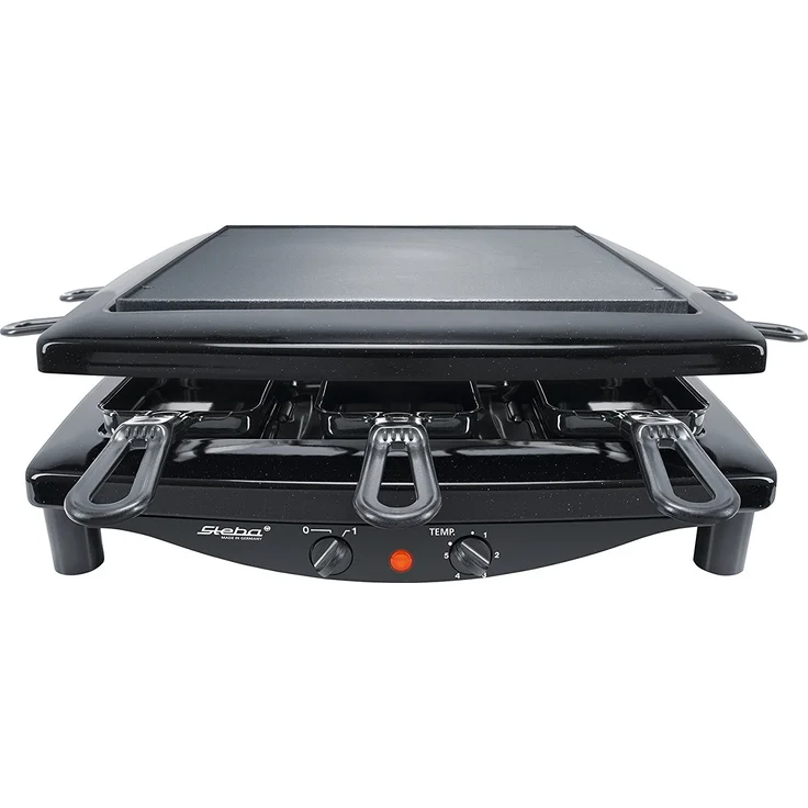 Steba RC 3 Plus Gourmet Raclette, emaillierte Stahlguss-Grillplatte geriffelt/glatt, Natursteingrillplattefür 8 Personen, 1450 Watt, schwarz – Bild 5