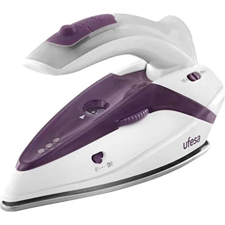 UFESA PV0500 Reisedampfbügeleisen, Reise Dampfbügeleisen, mit Klappgriff, 1.100 W Maximum, Doppelspannung 110 - 230V, weiß und violett, Edelstahl Sohle