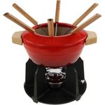 Le Creuset Gusseisen Fondue-Set, Inkl. 2 Holzgriffen, Spritzschutz, Rechaud und 6 Fonduegabeln, 2,3 L Volumen, Kirschrot