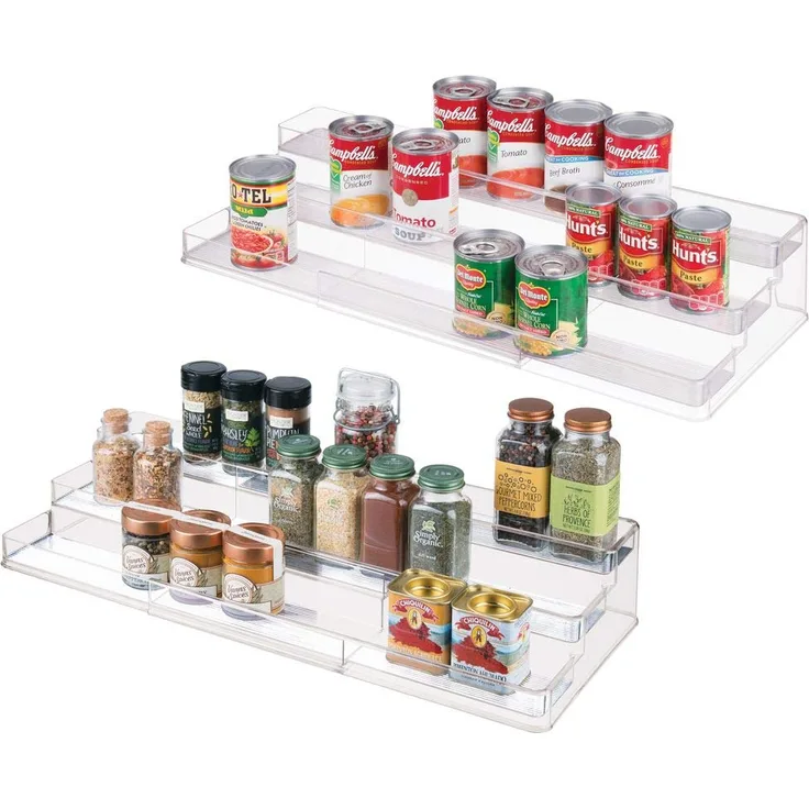 mDesign 2er-Set Gewürzregal für Küchenschrank ? ausziehbare Aufbewahrungsmöglichkeit für Ordnung in der Küche ? Gewürzständer mit drei Ebenen ? durchsichtig