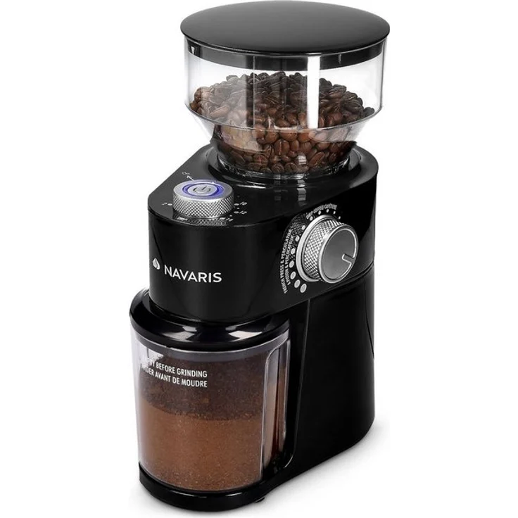 Navaris Kaffeemühle, elektrische Kaffeemühle mit Edelstahl Scheibenmahlwerk - 200W - für bis zu 14 Tassen Kaffee - 18 Mahlgrade - Kaffee Mühle – Bild 1