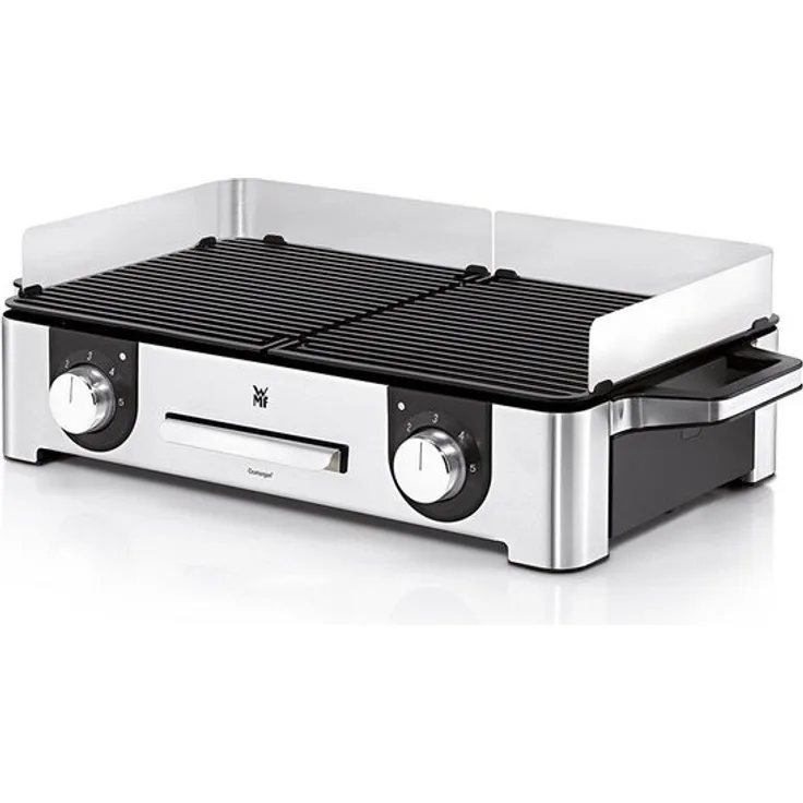 WMF Lono Master-Grill, Elektrogrill, 50 x 28 cm, Tischgrill elektro mit Windschutz und Auffangschale, Outdoorzertifiziert für Barbecue, 2 getrennt regulierbare Grillflächen, 2400 W, edelstahl matt