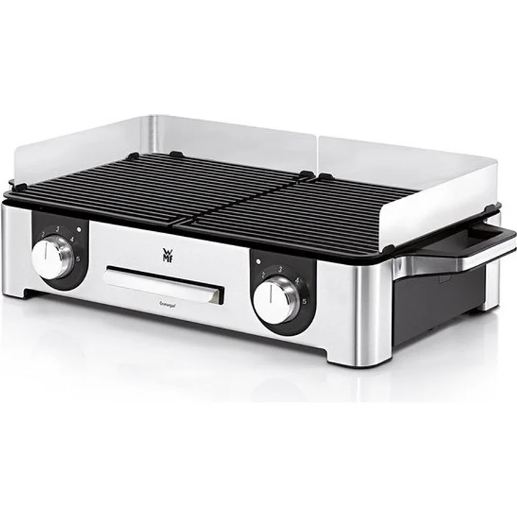 WMF Lono Master-Grill, Elektrogrill, 50 x 28 cm, Tischgrill elektro mit Windschutz und Auffangschale, Outdoorzertifiziert für Barbecue, 2 getrennt regulierbare Grillflächen, 2400 W, edelstahl matt – Bild 1