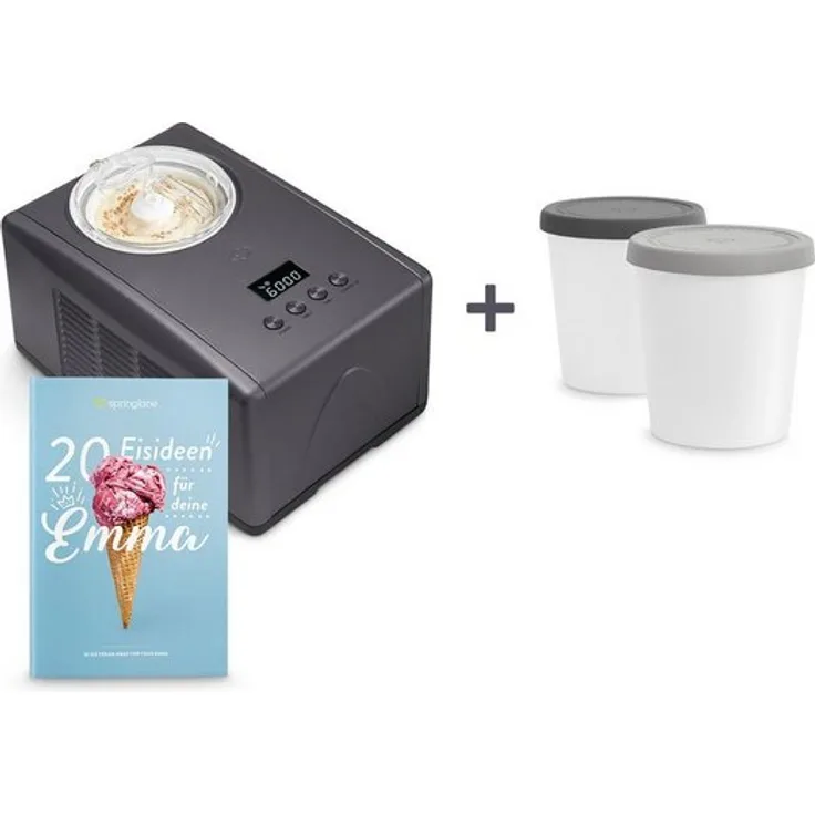 Springlane Eismaschine mit Kompressor Emma, inkl. Rezeptheft, 1,5 l, 150 W, Anthrazit + 2 Aufbewahrungsbehälter Grau