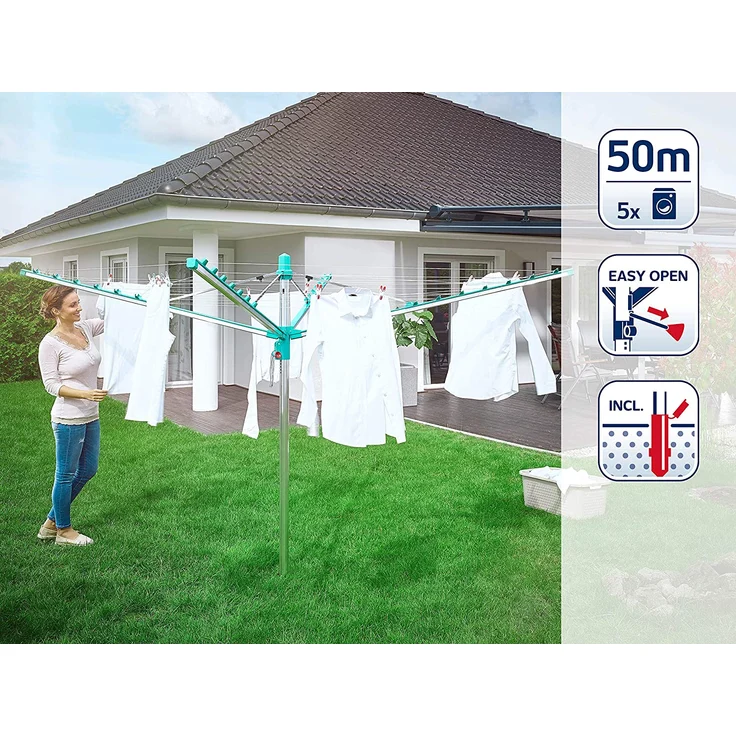Leifheit Linomatic 500 Easy Wäschespinne, inkl. Bodenhülse, autom. Leineneinzug, Easy-Lift-System, 50 m Leinenlänge, für 5 Waschladungen – Bild 6