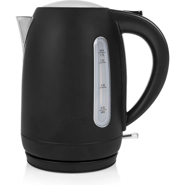 Princess Black Steel Wasserkocher - 1,7 Liter Fassungsvermögen, 2200 Watt, 360° rotierbar, Füllstandanzeige, Filtersieb, verdecktes Heizelement, 236032