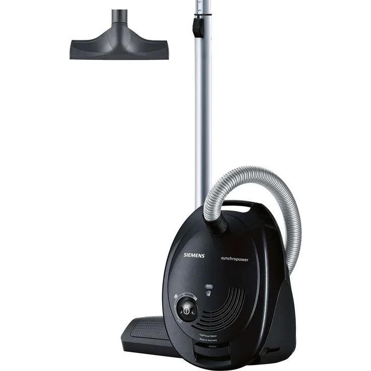 Siemens Bodenstaubsauger mit Beutel VS06A212, sehr niedriger Stromverbrauch, HighPower Motor, XL Beutelvolumen, langes Kabel, Hygienefilter, 600 Watt, schwarz