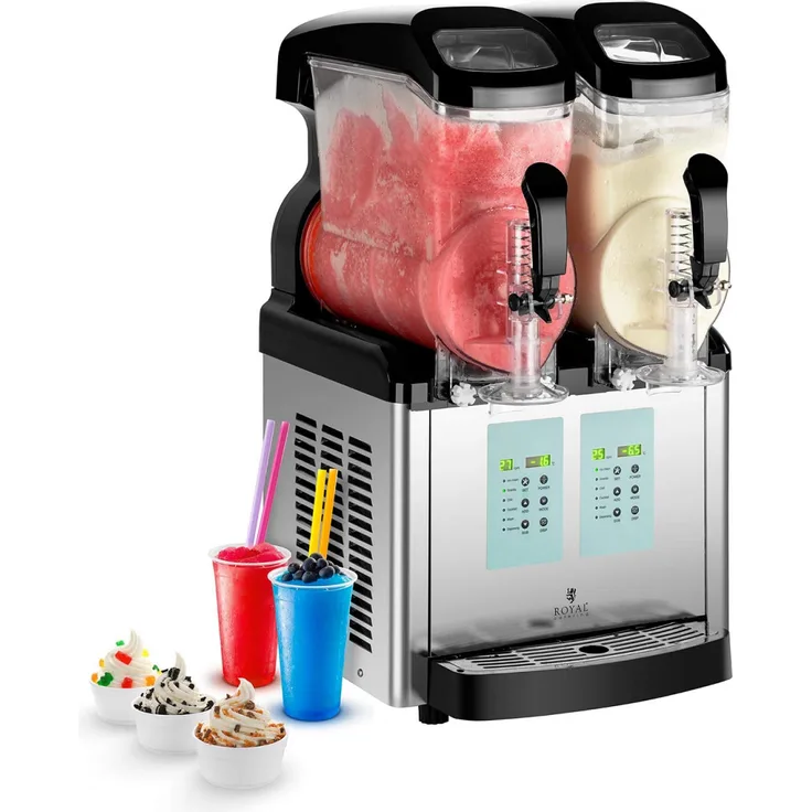Royal Catering RCSL 2/6ICE Slush Eis Maschine, Softeis Maker, 900W, 2 x 6 L, LED-Anzeige, edelstahl, schwarz