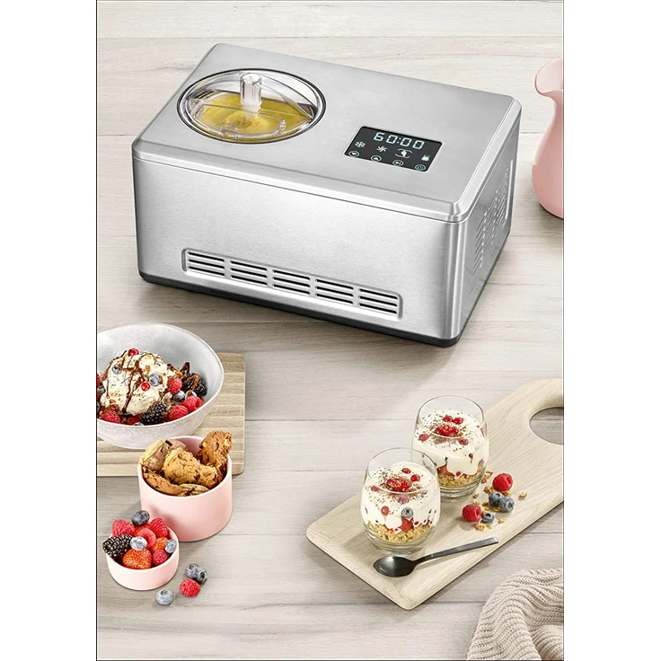 Severin EZ 7405 2-in-1 Eismaschine mit Joghurtfunktion, 180W, inkl. 1 x 2-Liter-Eisbehälter und Rezeptbuch, Digitaler Timer, Deckelöffnung, silber – Bild 7