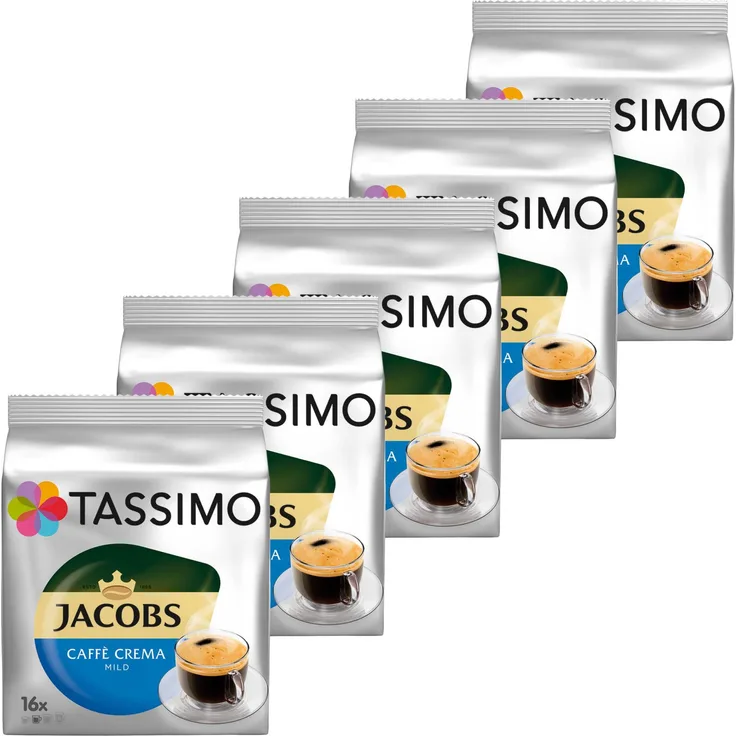Tassimo Jacobs Caffè Crema Mild, Kaffee, Kaffeekapsel, gemahlener Röstkaffee, 5er Pack, 5 x 16 T-Discs