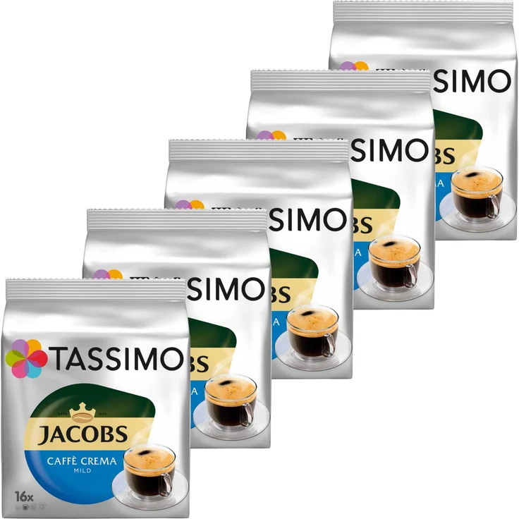 Tassimo Jacobs Caffè Crema Mild, Kaffee, Kaffeekapsel, gemahlener Röstkaffee, 5er Pack, 5 x 16 T-Discs