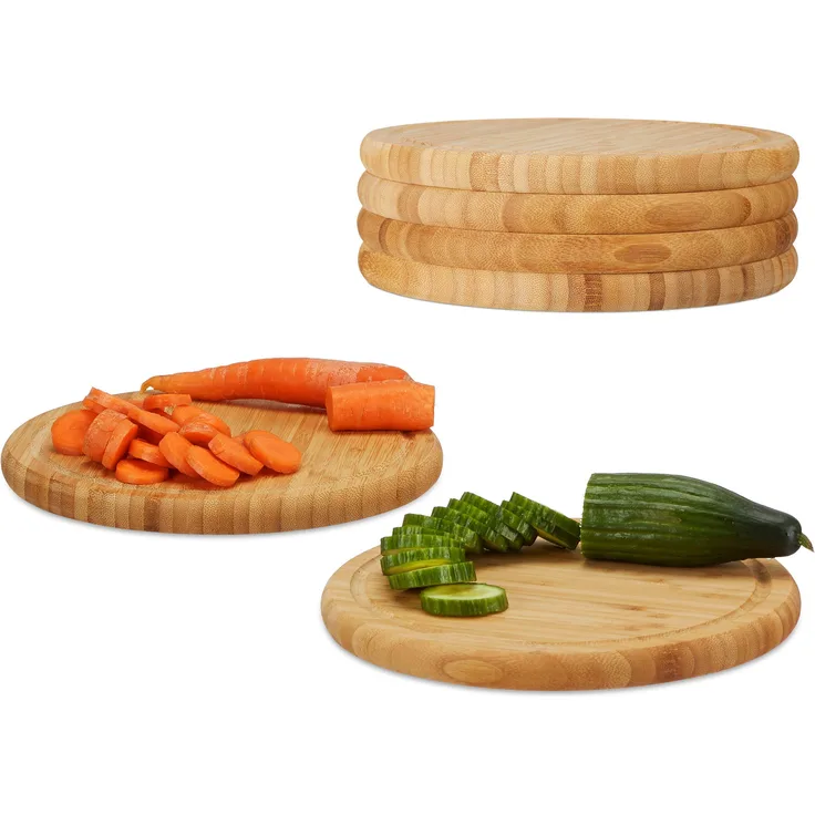 Relaxdays Frühstücksbrettchen 6er Set, Bambus, rund, 25 cm, Küchenbrett, pflegeleicht, natürlich, messerschonend, natur