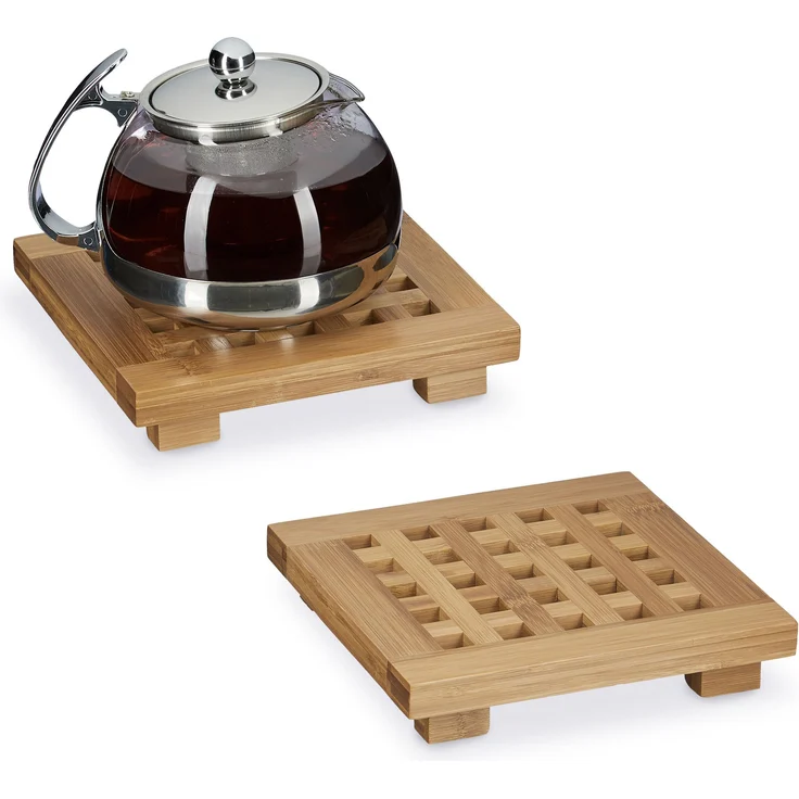 Relaxdays Untersetzer 2er Set quadratisch Bambus, Topfuntersetzer aus Holz für Töpfe, Pfannen, Teller, abwischbar, HBT ca. 4 x 20 x 20 cm, natur – Bild 1