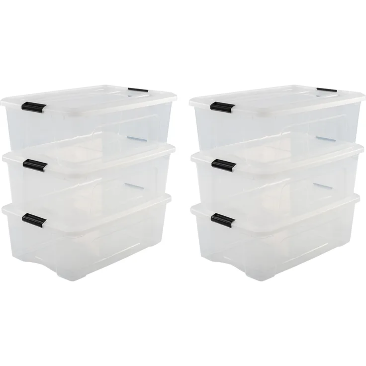 IRIS OHYAMA stapelbare Aufbewahrungsboxen mit Klickverschluss, Plastik, transparent Deckel, 30L, 6er Set