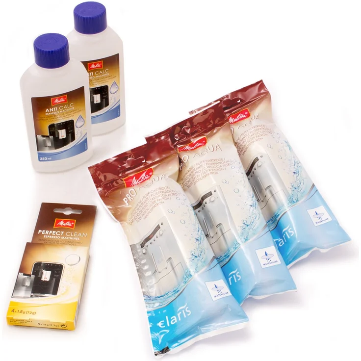 Melitta 6er Pflegeset für Kaffeevollautomaten und Espressomaschinen | 3x ProAqua Wasserfilter | 2x Flüssigentkalker Anti Calc | 1x Reinigungstabs Perfect Clean – Bild 1