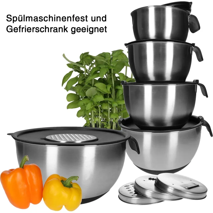 Edelstahl Rührschüssel 18-10 inkl. Deckel und 4 Gemüsereiben mit Griff 15-teilig
