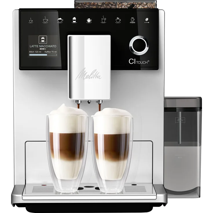 Melitta CI Touch F630-101 Kaffeevollautomat mit Milchsystem, Flüsterleises integriertes Mahlwerk, One Touch Funktion, 10 Kaffeevariationen, TFT-Farbdisplay, silber