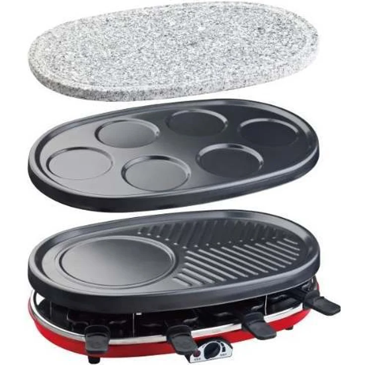 H.Koenig RP418 Raclette-Gerät 4 in 1 - 8 Personen - Raclette, Natursteingrill, Crepe-Platte und Grillplatte - mit 8 Pfännchen - 1500 W - schwarz-rot – Bild 1
