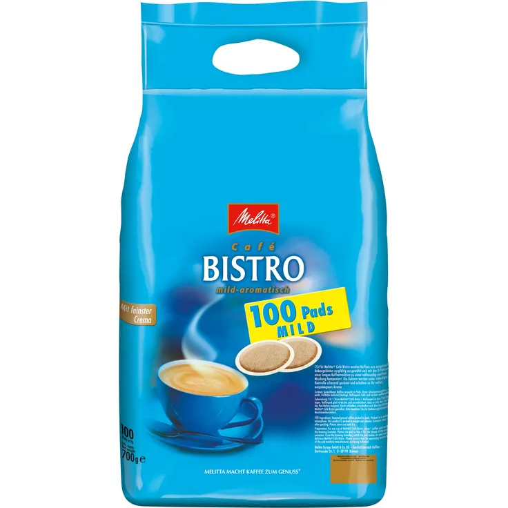 Melitta Gemahlener Röstkaffee in Kaffeepads, 100 Pads, mit feinster Crema, mild-aromatisch, Melitta Bistro mild, 100er Beutel, 700g
