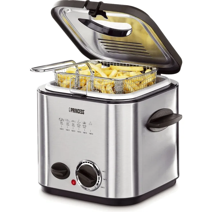 Princess 182611 Mini-Fritteuse mit Fondue, mit Öl, 840 Watt, schnelle Erwärmung, Geruchsfilter, 1,2 Liter Inhalt, schwarz silber