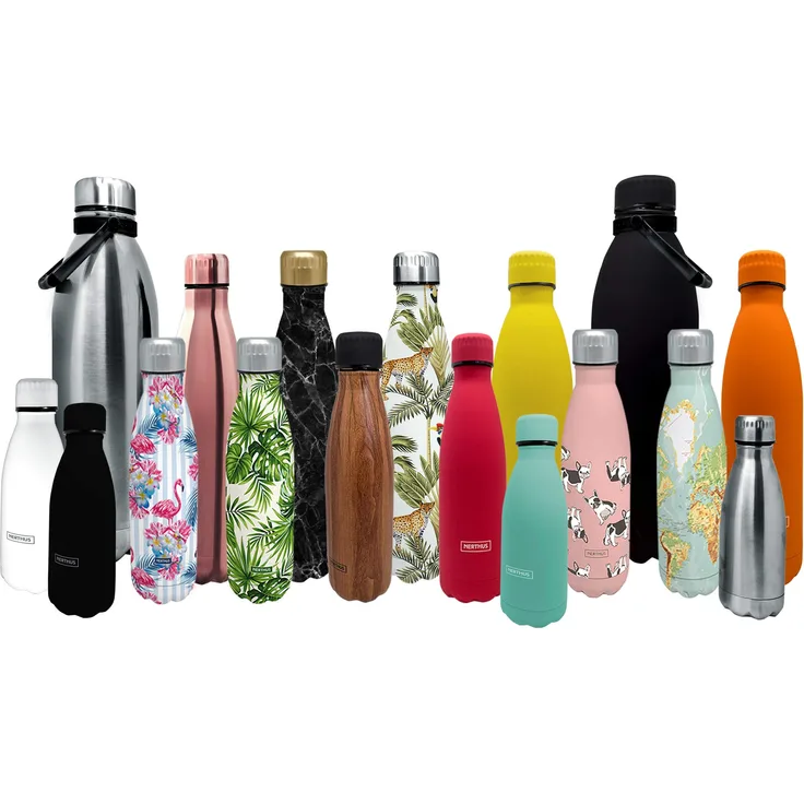 NERTHUS FIH 600 600-Termisch, doppelwandig, Edelstahl, 750 ml, BPA-frei, luftdichter Deckel, Edelstahl 18-18, schwarzer Marmor