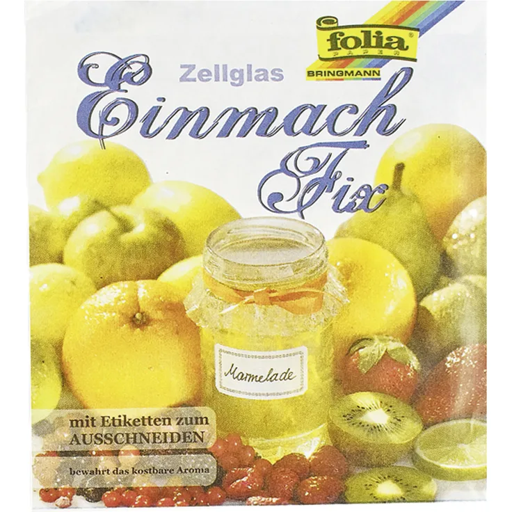 folia 303 Einmach-Fix Zellglas, Einmachcellophan, Beutel mit 3 Bogen 30 x 60 cm und Selbstklebeetiketten, bewahrt das Aroma von selbstgekochter Marmelade