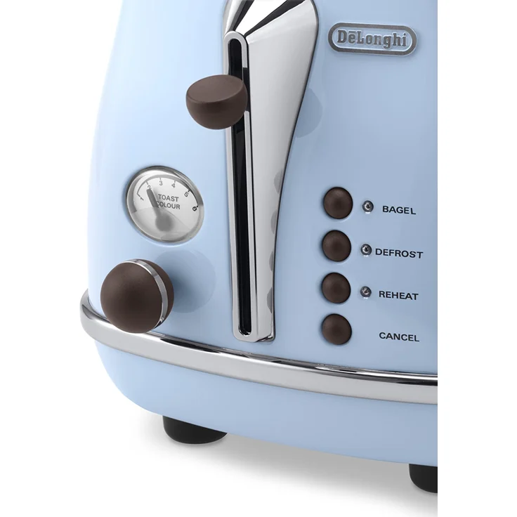 De'Longhi Toaster Icona Vintage CTOV2103.AZ - 2-Schlitz-Toaster mit Brötchenaufsatz, Edelstahl in elegantem Retro Look mit Chrom-Details, blau  – Bild 4