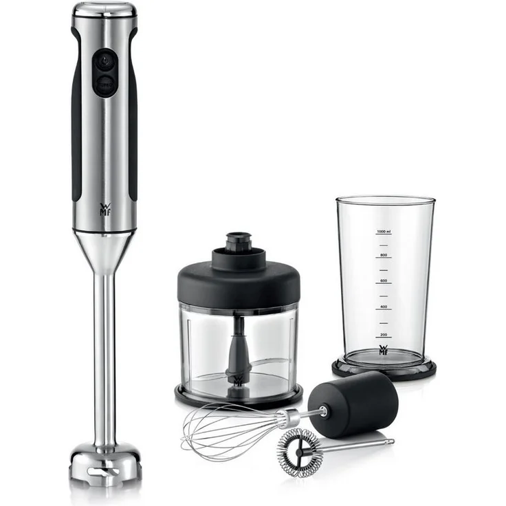 WMF LINEO Edelstab Stabmixer 4 in 1: Pürierstab, Schneebesen, Milchaufschäumer, 700 Watt, inkl. Mixbehälter (1l), cromargan matt-silber – Bild 1
