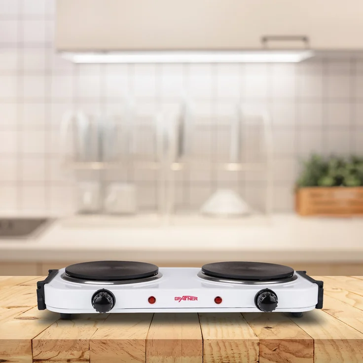 Grafner KP10879 Kochplatte doppelt 2000 Watt mit klappbaren Griffen Weiß – Bild 1