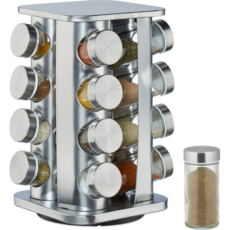 Relaxdays Gewürzkarussell mit 16 Gewürzgläsern auf 4 Ebenen, 360° drehbar, Gewürzdosen zum Streuen, Edelstahl, Silber, Stahl
