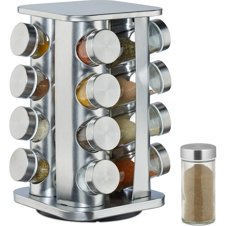 Relaxdays Gewürzkarussell mit 16 Gewürzgläsern auf 4 Ebenen, 360° drehbar, Gewürzdosen zum Streuen, Edelstahl, Silber, Stahl