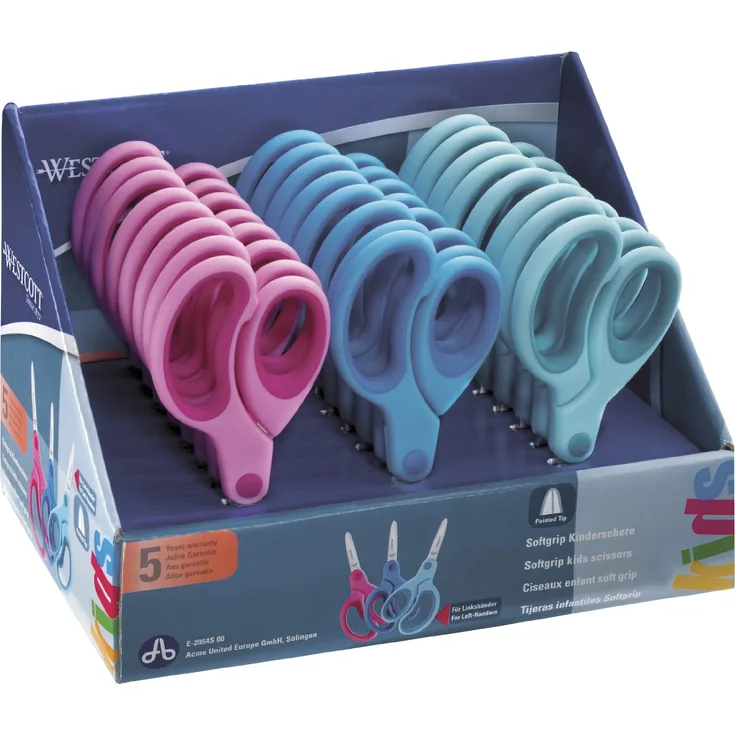 Westcott E-2054S 00 Display mit 24 Softgrip Kinderscheren, spitzer Spitze, 13 cm, farblich sortiert