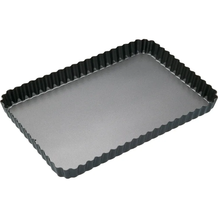 Master Class Rechteckige Antihaft-Kuchenform-Quicheform mit gewelltem Rand und losem Boden, Stahl, Schwarz, 31 x 21 x 2.5 cm
