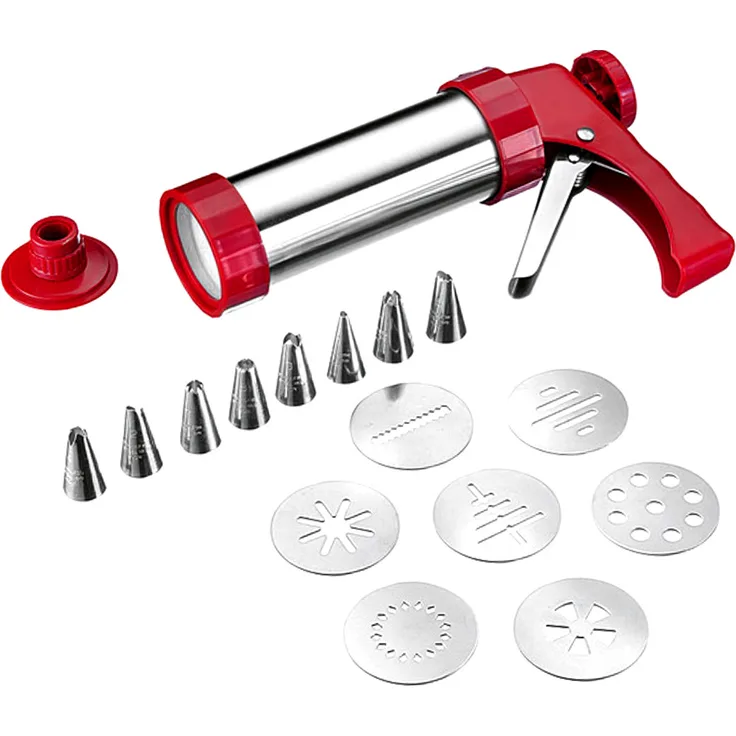 Westmark Gebäckpresse-Garnierspritze, Mit 8 Formscheiben und 8 Formtüllen, Füllmenge: 250 ml, Rostfreier Edelstahl-Kunststoff, Silber-Rot, 32332260