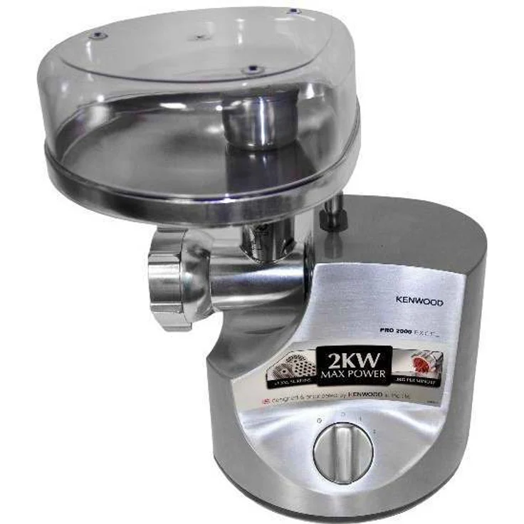 Kenwood Fleischwolf MG700, 3 Edelstahl Lochscheiben, 2 Wurstfüll-Aufsätze, 1 Kebbe-Aufsatz, große Einfüllschale aus Metall mit Abdeckhaube, Metallgehäuse, 2000 Watt, silber – Bild 2
