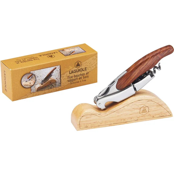 LAGUIOLE Sommelier Doppelhebel - Edelstahl - Holzgriff - Holzpräsentationshalter - Messer mit Korkenzieher, Kapselschnitt & Flaschenöffnerfunktionen - Geschenkbox - Metall, Pakkaholz - Braun