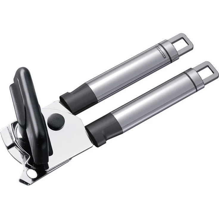 Leifheit Dosenöffner ProLine-Serie, für einfaches Öffnen ohne Kraftaufwand, Deckelöffner aus hochwertigem Edelstahl und schwarzem Kunststoff, in edlem Design, mit praktischer Aufhängeöse, silber – Bild 1