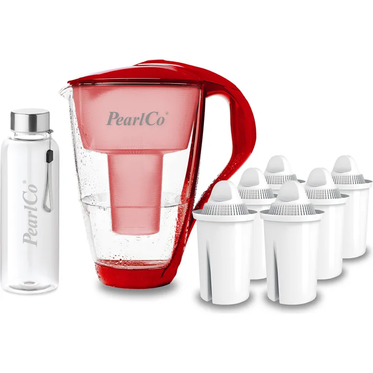 PearlCo Glas Wasserfilter inkl. 6 Universal Kartusche plus Glasflasche Rot