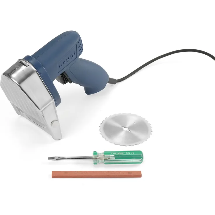 HENDI Dönermesser, Elektrisches, Kebabschneider, Inklusive 2 Messer ø100 mm, 1 glattes Messer und 1 gezahntes Messer, Schnittstärke von 0, 8 mm, Gewicht: 1kg, 230V, 80W, 194x113x(H)173mm, Edelstahl