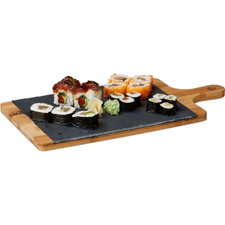 Relaxdays Servierbrett, Bambus, Schiefer Platte, Schneidebrett, Griff, rustikal, H x B x T: 1,8 x 45 x 22,5 cm, grau – Bild 1