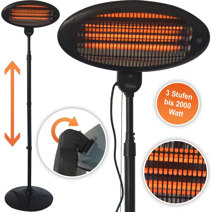 TroniTechnik Quartz-Heizstrahler mit 3 Stufen, verstellbarer Teleskopstange und Kopf, Heizstrahler